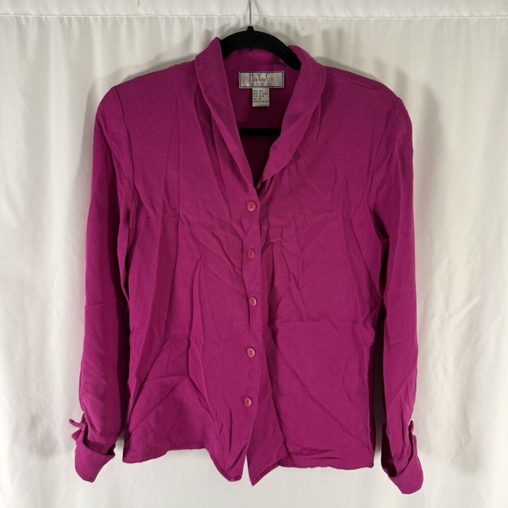 New York City Blouse Co. 100% Silk Blouse Women's 10 Pink Button Up Padded Shoul
